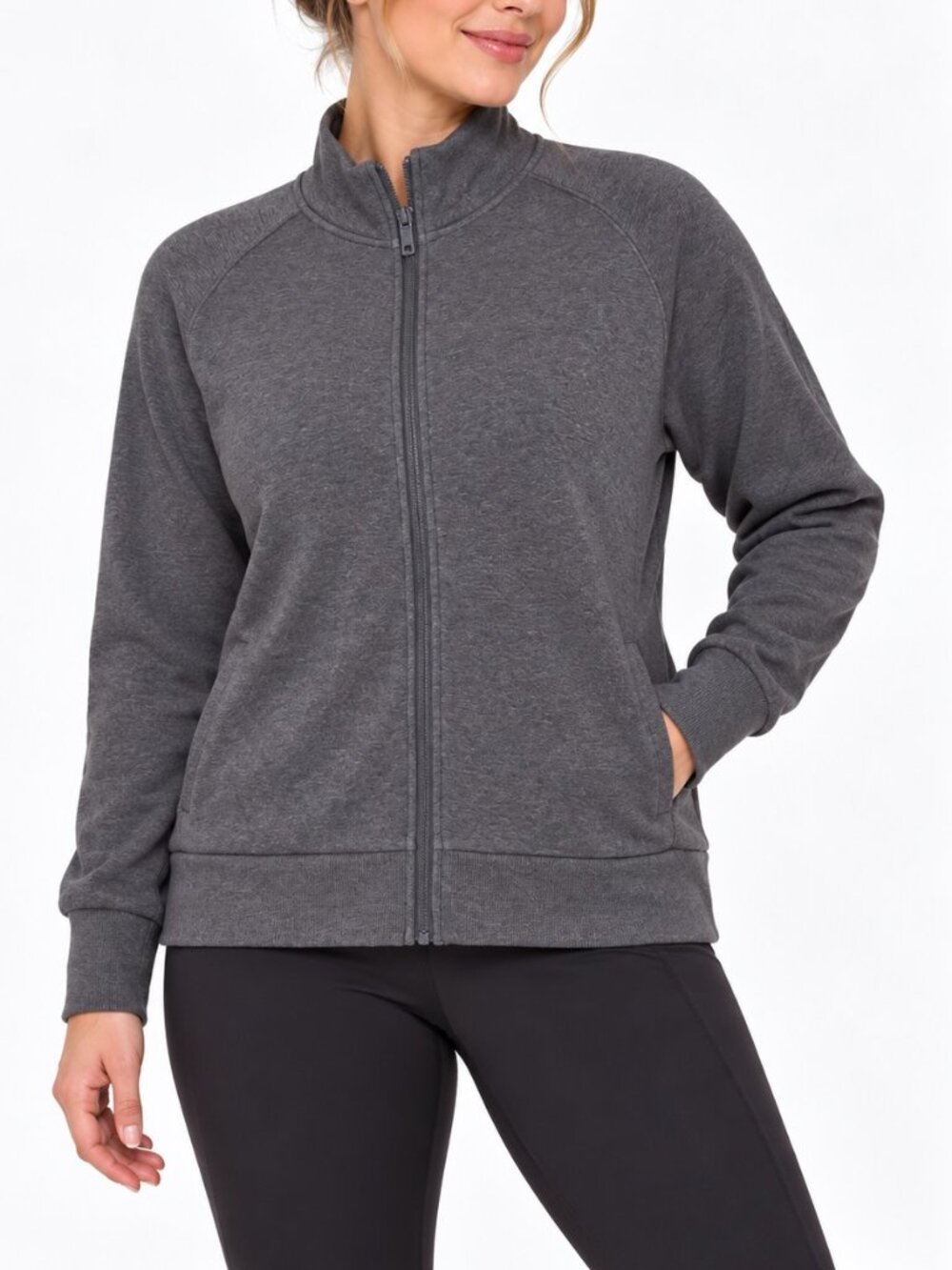 Mondetta Fleece Full Zip Jacket Dark Grey Mock Neck Womens Size XL
